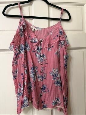 Maurices Pink Striped Floral Cold-Shoulder Camisole